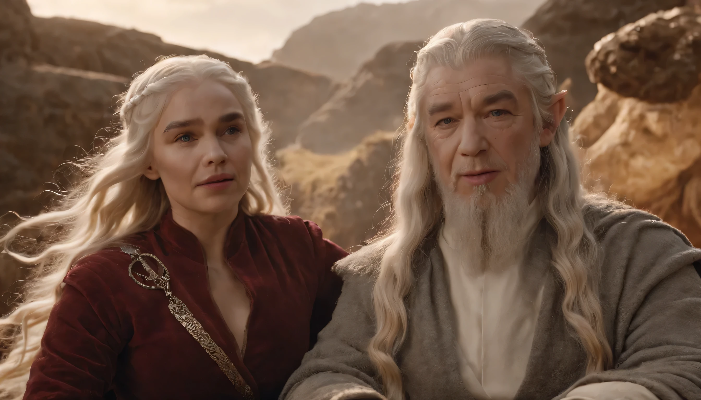 (((cinematic film still of Gandalf and Daenerys Targaryen smoking Marijuana ))), ((sitting)), (((((game of throns))))), (((selfie with his cell phone))), (explosion,fire:1.2), (smoke:1.4), (RTX) cinematic film shot in 70mm, depth of field, vivid colors, (best quality,ultra-detalhado,Realistic:1.37), (8k, ARTISTIC photography, best quality, masterpiece: 1.2), (realistic, photorealistic:1.37), over-detailed, (high-detail skin: 1.2), 8k UHD, SLR camera, soft lighting, high quality, film grain, cinematic lighting, photonic display, brightness, physically rendered photo, (dynamic pose ), extremely high-quality graphics, over-detailed face, (((cinematic lighting))), ((clear details)),