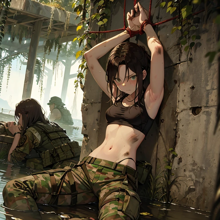 A group of  female soldiers, (in swamp), various hair styles, tank top, harem, beautiful leg, midriff, camouflage military trousers, showings off armpits, seducing, dirty, tied wrist with rope 