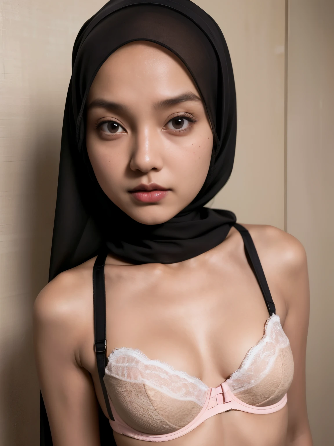 Very Thin body (Wearing Bra Lingerie), (((HIJAB MALAY GIRL))), masutepiece, High quality, UHD 32K, Realistic face, Realistic skin feeling , A Malay Lady, 8 , , Very cute and baby-like face, (((FLAT CHEST))), (MATRIX WORLD), ((look In front  at the camera and SADNESS)), ((())), (((CUTE GIRL))), ((BROWN LIPS)), ((BROWN)), (undress). WEAR BRA LINGERIE, pink, green, red, lace