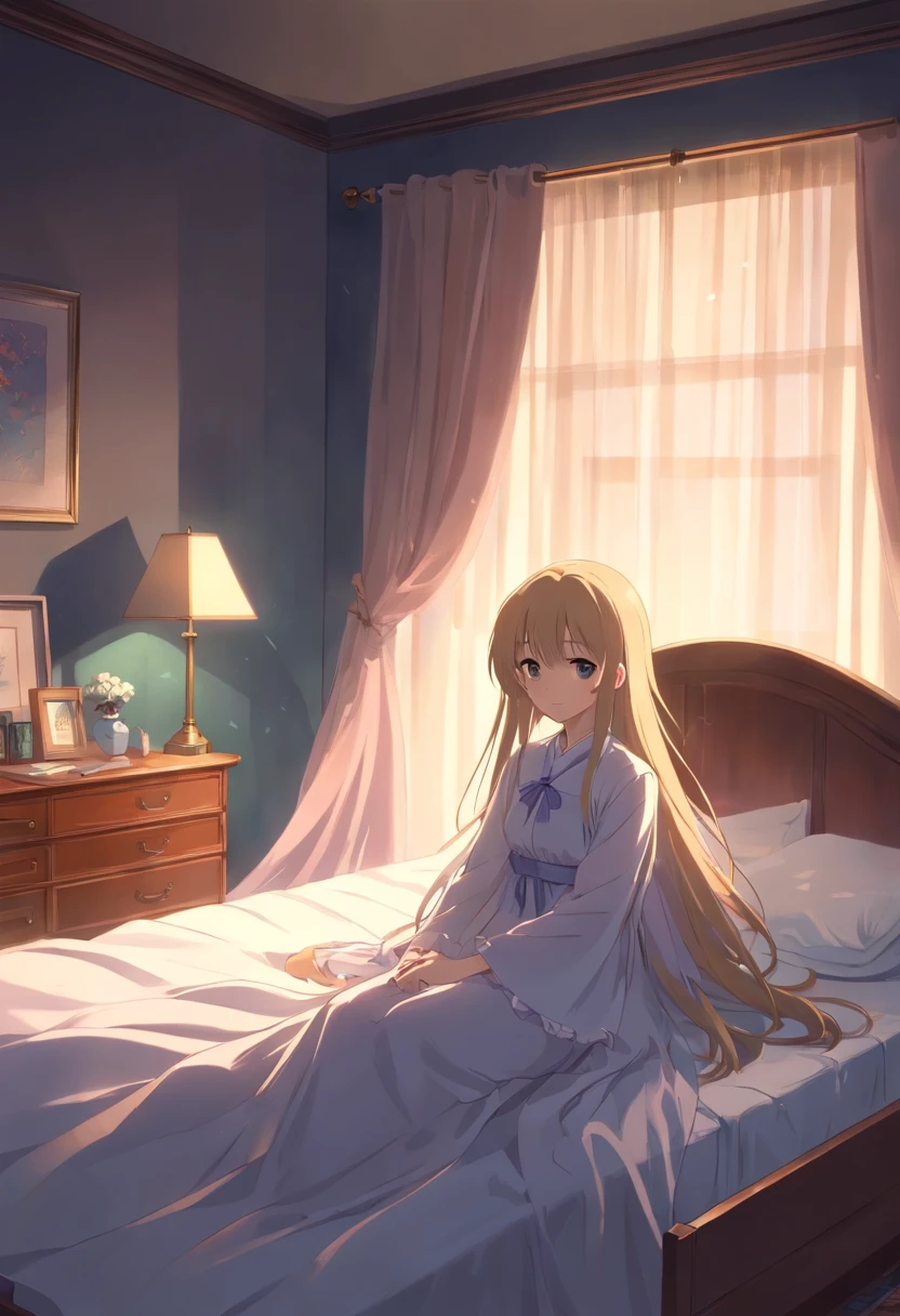 ((A shadowy ghost apparition stands near the bed)) .In the bed is a beautiful girl ((eyes closed)) with long Blonde hair falling from her head and off the bed"((A ghostly figure lays next to Her.))  The shadowy  ghost is Dressed in white and has a tiny satin pink bow in the centre of the dress with long frilly hem attached to the sleeves"