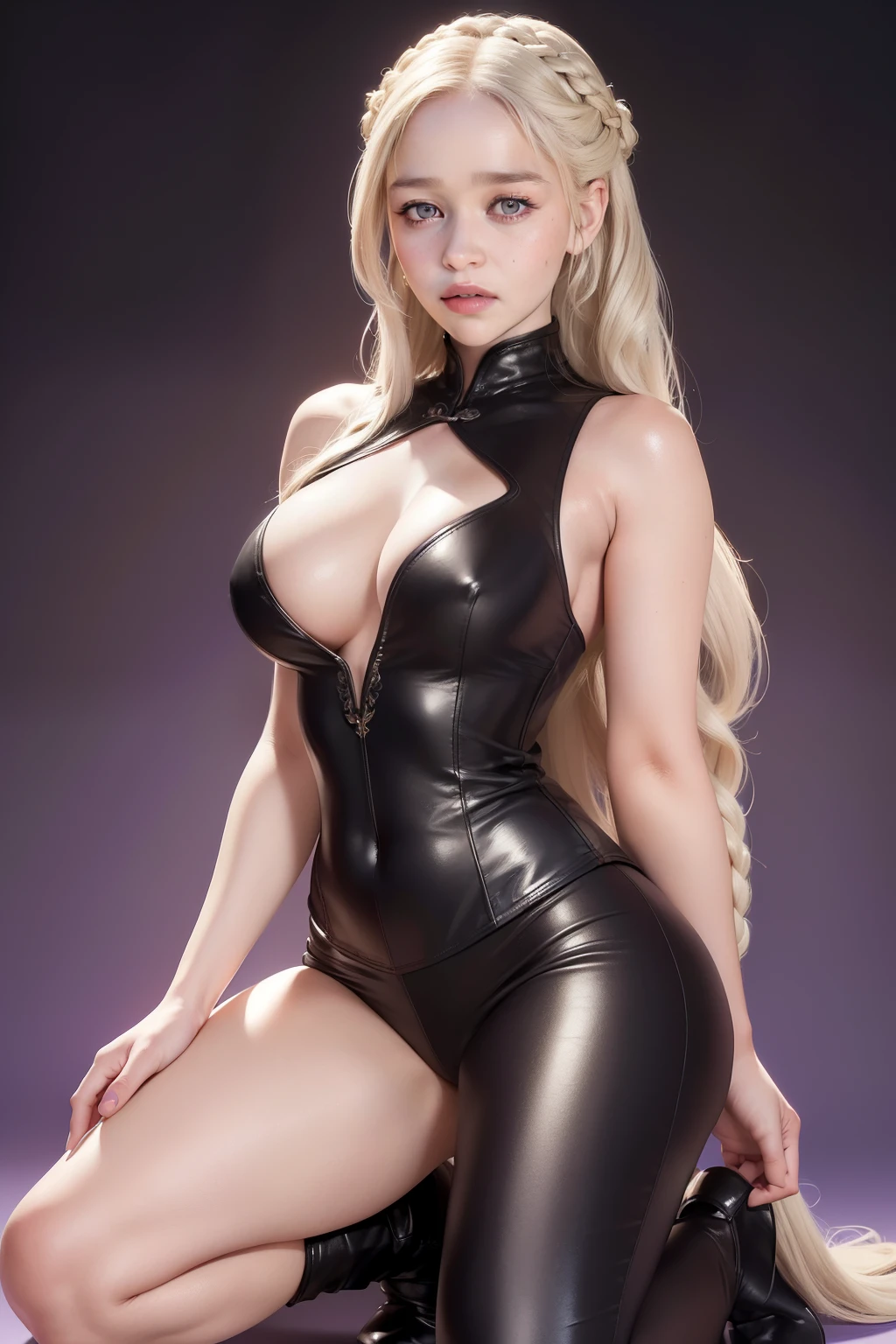 (masterpiece, best quality, cinematic, photorealistic, ultra-detailed), (1girl, Emilia Clarke, Daenerys Targaryen), (wide shot, full body view, from the side:1.2), (perfect hands, perfect face, sexy body, perfect body), (proportioned breasts, cleavage), (fitted leather trousers and tunic, both made from supple brown leather), (sleeveless vest woven from horsehair, providing both protection and mobility), (hair styled elegantly, possibly in intricate braids or updos, showcasing her silver-blond locks), (purple eyes, detailed eyes, detailed pupils), (kneeling, seductive pose), (gradient background)