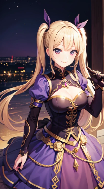 最high quality,very detailed,high quality,Extremely detailed,masterpiece,Super fine,超High resolution,超high quality,super realistic、(1 person:1.2)、woman、(Mature:1.5)、Blonde Hair Color、(Braid)、(Captivatingly shining purple eyes)、big breasts 、slender body、(smile:1.3)、(最high quality), dark fantasy, Large sword, Magical girl, gothic, twin tails, realistic, super detailed, High resolution, anime,