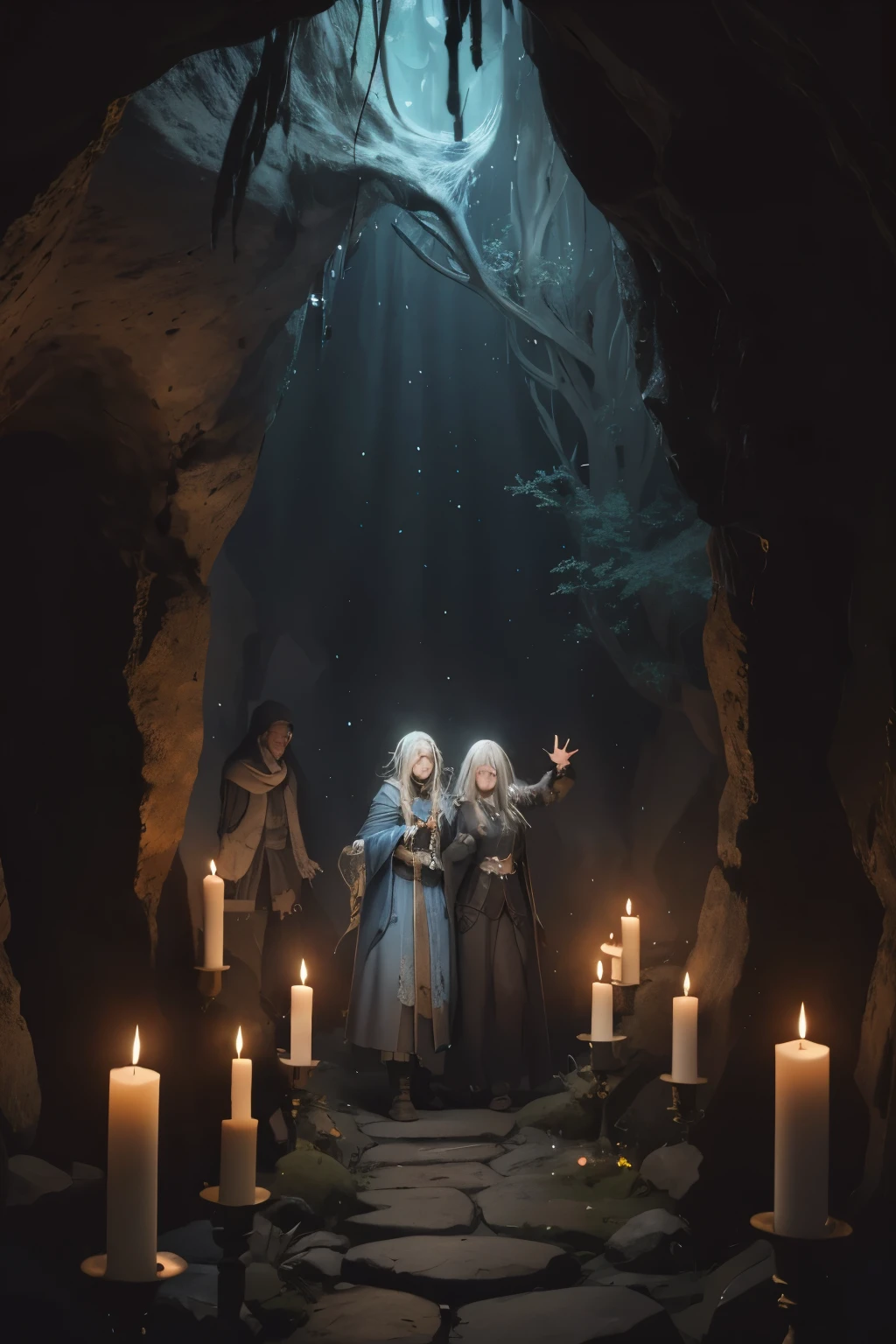 illustration of 15 years old Virginia Otis blonde hair blue eyes youngest cute face, from the Canterville Ghost, furtively observing a group of followers of the Goddess Freia who are celebrating a forbidden ritual inside a mysterious cave. We are sure that only a talented artist like you will be able to capture the essence of this magical and mysterious encounter. Your drawing will be fundamental for the creation of a unique publication, which combines the gothic atmosphere and the charm of the supernatural. Remember to add evocative details, such as candle flames dancing in the dark, shadows moving ominously along the rock walls, and Virgin Otis' claws clinging to the stone. Highlight the aura of mystery and emotion that this forbidden encounter evokes.