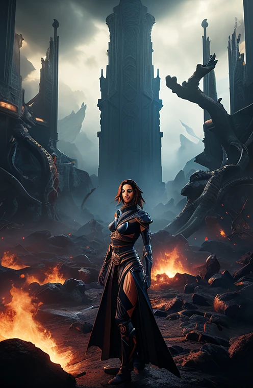 arafed image of a woman in a sci - fiction scene, android jones and Matt Stone, portrait of sofia vergara, square enix cinematic art, movie promotional image, shot on imax, muspelheim, protagonist in foreground, paul atreides, imax render, evil sorceress, ellora, imax