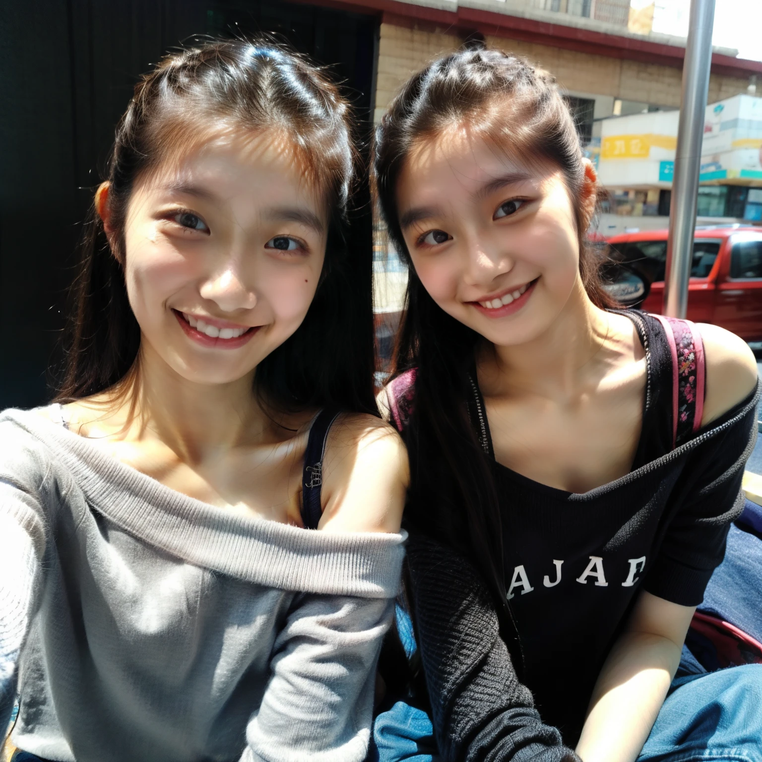 Identical twin sisters taking a selfie, 15 years old, bangs, Smile、off-the-shoulder top