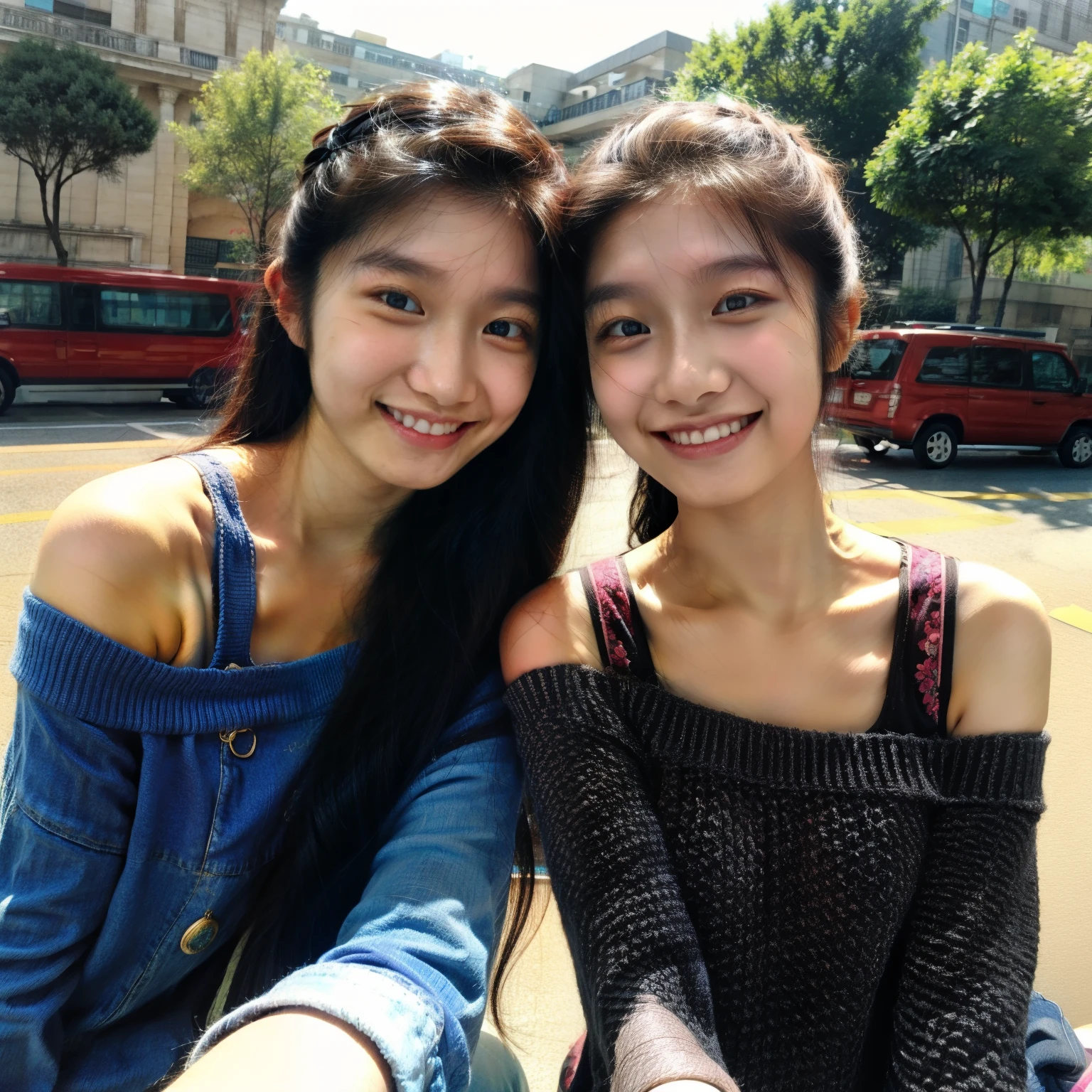 Identical twin sisters taking a selfie, 15 years old, bangs, Smile、off-the-shoulder top