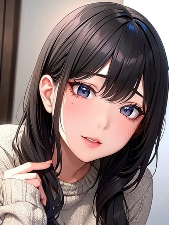 ( High definition, high quality, 4k),(1 Female, Black hair, medium length hairstyle, Gradient brown eyes, black eyeliner, thin lips, Moles under the eyes),