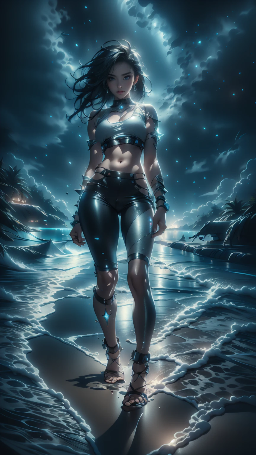 An ultra-realistic and ultra-detailed, Small Shorts, Intricate Retrowave Environment, ((Close-up)), ((full body portrait)), (Downward View, From Above), A Gorgeous caucasian celestial goddess, barefoot, (on knees), (Small Hips Slim Body), (Straight Black Hair), (silver eyes), ((smaller breasts)), /(Wearing A Tight Shirt with Small (Cut Up) Cyberpunk Shorts/), (Confident Pose), Dynamic Angle, (From The Bottom), Galactic Clouds everywhere adorned with vivid chemiluminescent stars and galaxies floating through the cosmos, Atmospheric, radiating luminous cosmic energy, multicolored, vibrant lighting, visually stunning, surreal, epic, legendary, radically fantastic, sharp uhd, dof, 8k resolution, enhanced-realism