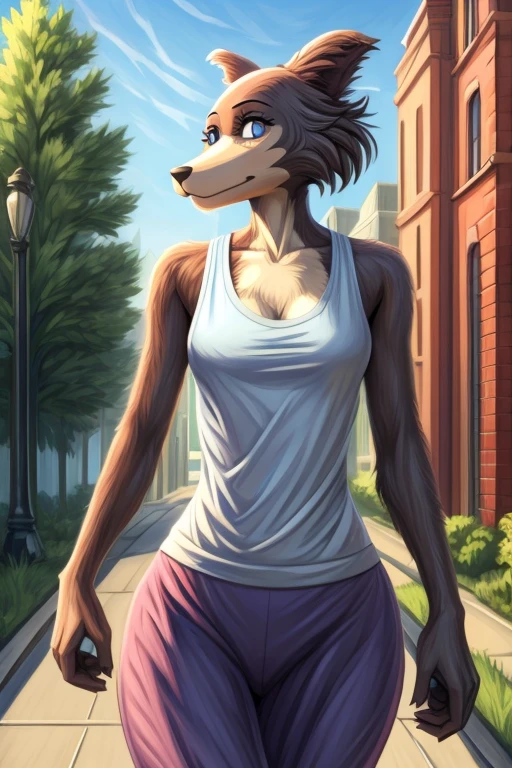 Beastars art style, beastars, Juno, brown wolf, she Wolf, 1girl, furry, long curly brown fur, slim figure, blue eyes, wide hips, medium breasts, purple tank top, daytime, jogging, ((best quality)), ((masterpiece)), (detailed),