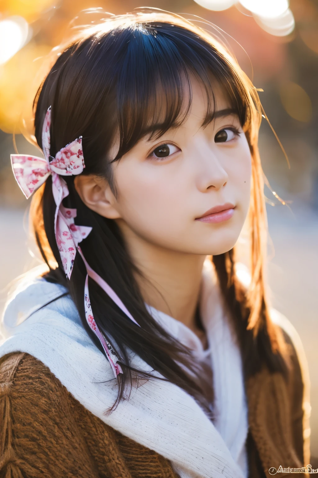 mid-shot, Japanese beautiful woman looking into camera, detailed face, detailed eyes, shoulder, hair ribbons, by agnes cecile, half body portrait, extremely luminous bright design, pastel colors, autumn lights