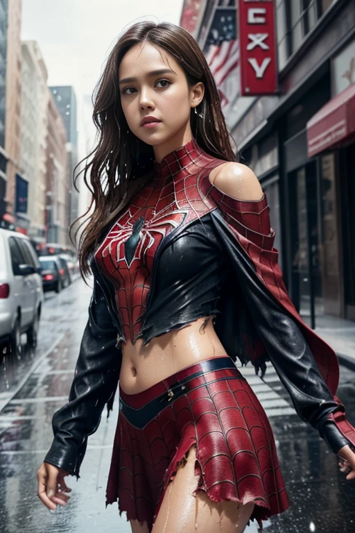 jessica alba、マーベル・コミック映画のposter, very beautiful, movies about spiderman, sexy, whole body, I'm wearing a skirt、premiere date, poster、belly buttonを突き出す、new york、she's wearing a torn spiderman suit,the suit is torn、wearing a skirt、 red and black color scheme,dynamic、masterpiece、highest quality、super detailed、very detailed、Detailed beautiful shine、超A high resolution、cinematic,tear,teardrop,(torn clothes:1.5), (wet clothes:1.4), bare shoulders,real rain,wet hair,belly button、exposing skin、sexyな肩を見せてる