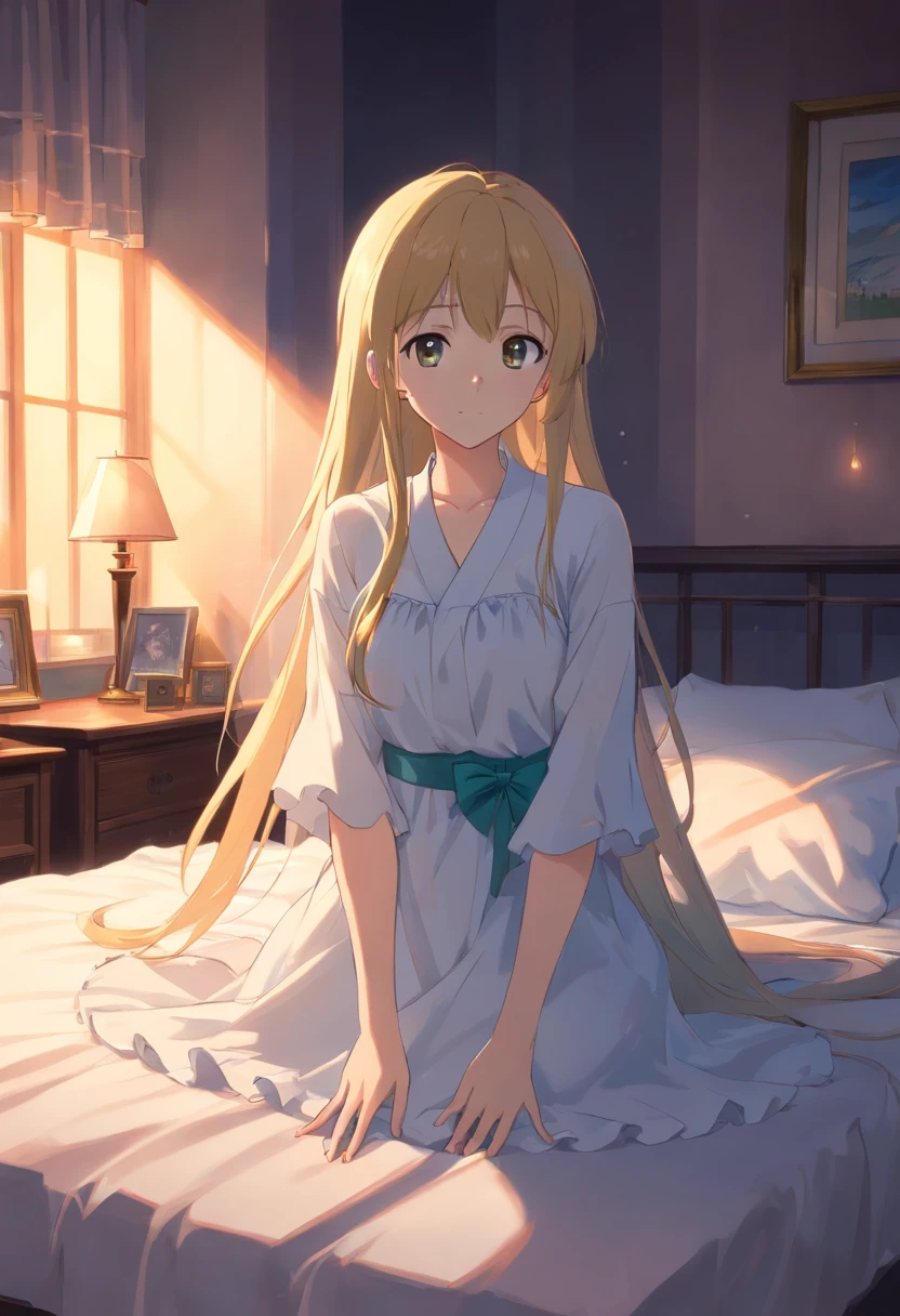  ((A shadowy ghost apparition stands near the bed)) .In the bed is a beautiful girl ((eyes closed)) with long Blonde hair falling from her head and off the bed"((A ghostly figure lays next to Her.))  The shadowy  ghost is Dressed in white and has a tiny satin pink bow in the centre of the dress with long frilly hem attached to the sleeves"