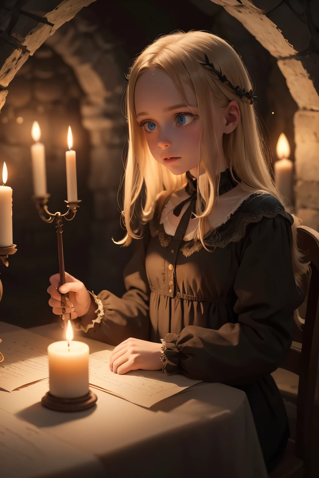 a 9-year-old child girl, totally realistic, the highest definition, perfect lighting, with a shy smile, with cheerful countenance, wearing a gorgeous dress, ultra detailed, absurd, RAW color photo of a girl, long behaved dress, with long and loose dark blonde hair, dark brown eyes, with enchanted look, face of astonishment, in a dark gothic library at night reading a bright old book of forbidden secrets, book access, depth of field, cinematic lighting, strongly backlit, Normcore aesthetic vibe, ((master piece)) --auto --s2