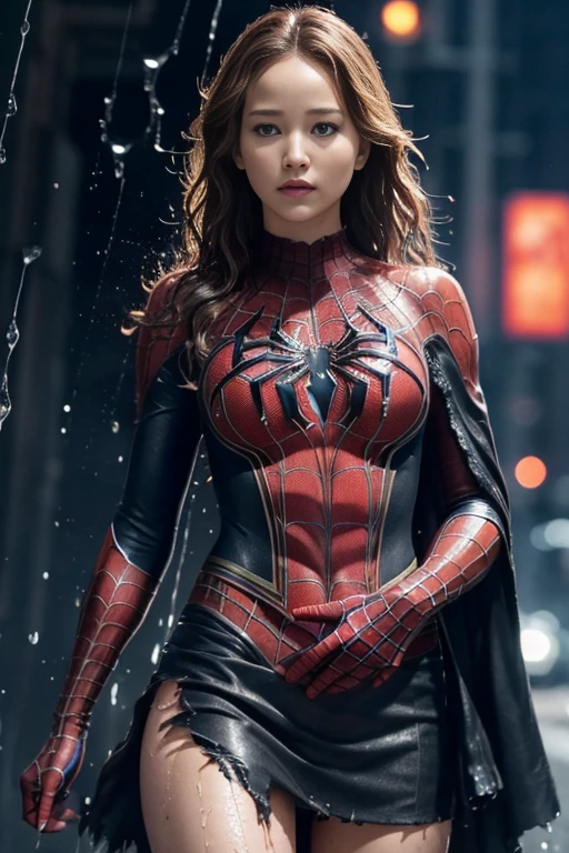 jennifer lawrence、マーベル・コミック映画のposter, very beautiful, movies about spiderman, sexy, whole body, I'm wearing a skirt、premiere date, poster、belly buttonを突き出す、new york、she's wearing a torn spiderman suit,the suit is torn、wearing a skirt、 red and black color scheme,dynamic、masterpiece、highest quality、super detailed、very detailed、Detailed beautiful shine、超A high resolution、cinematic,tear,teardrop,(torn clothes:1.5), (wet clothes:1.4), bare shoulders,real rain,wet hair,belly button、exposing skin、sexyな肩を見せてる