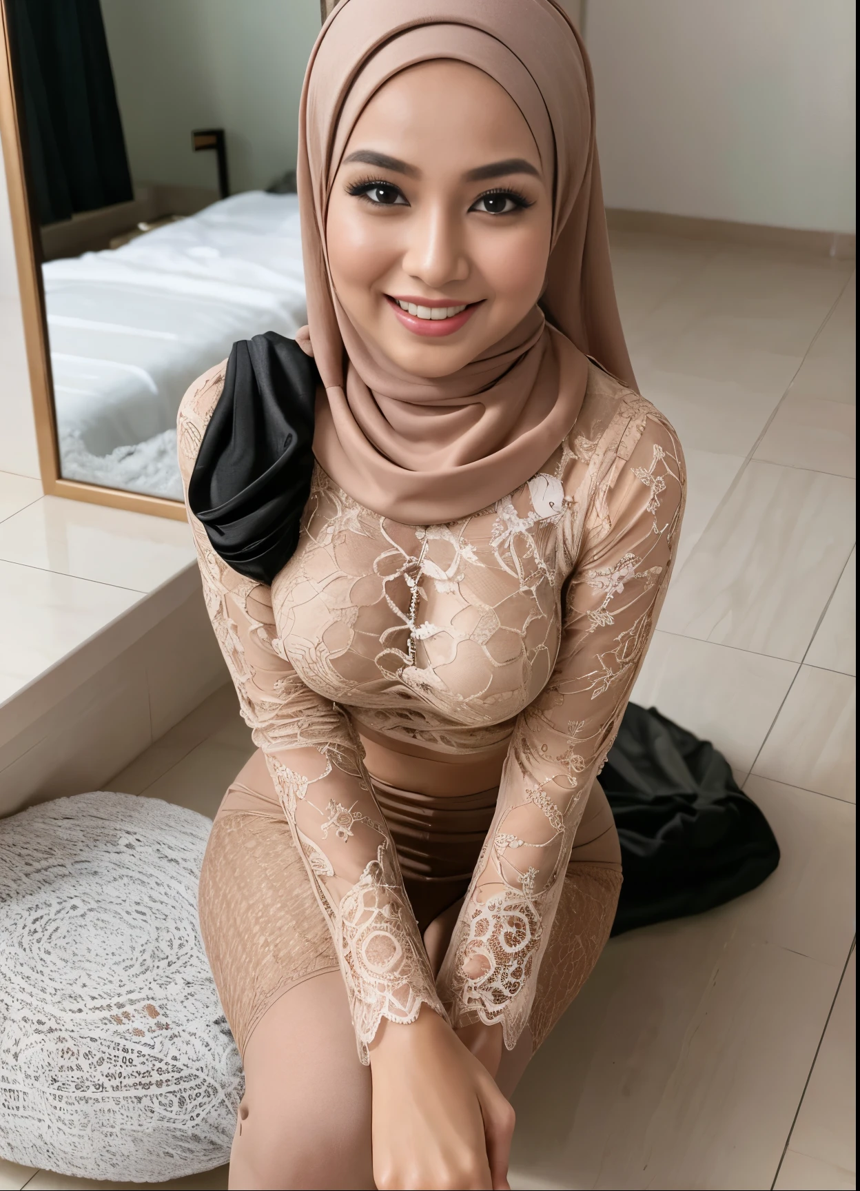 RAW, Best quality, high resolution, masterpiece: 1.3), beautiful Malay woman in hijab, Masterpiece, big gorgeous eyes, smiling, wear lace bra and legging, in changing room, sexy pose, Excellent lighting, Bright colors, Clean lines