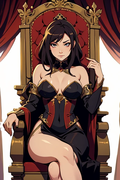 ((best quality)), ((masterpiece)), (detailed), perfect face, smiling proudly, black hair, black cat ears, black cat tail, DD cup breasts, thick thighs, wearing gold colored latex lingerie, sitting on a gold colored throne, legs spread wide, wearing a royal crown