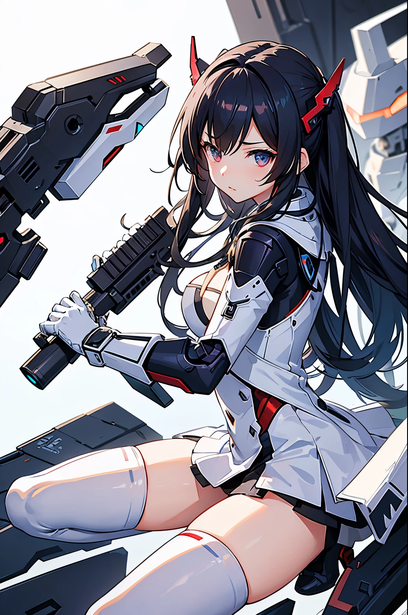 solo,1 girl,whitebackground,kneeup,robot,mecha,science fiction,weapon,gun,blackhair,anime,style,waifu,background,holding,weapon,mechagirl,animegirl,gundamgirl,sexy,sexygirl,explicit,ecchi,hentai,blackbodysuit,sexybodysuit,sexypose,azurlane,digitalart