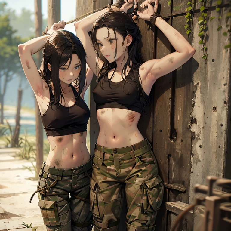 A group of  female soldiers, (in swamp), various hair styles, tank top, harem, beautiful leg, midriff, camouflage military trousers, showings off armpits, seducing, dirty, tied wrist with rope, nipples, shirt lift