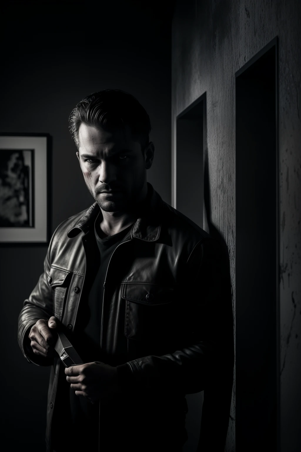 Person with a knife in hand, violent expression, bloodstains on grey room wall and floors, blood trickling down killer's face, grim and gruesome scene, high contrast lighting casting shadows, intense focus on the killer's determined eyes, graphically realistic and detailed, reminiscent of film noir, cinematic and dramatic, (higher quality: 1.5), (realistic rendering: 1.5), crime scene photograph, Nikon D850, low-key lighting, 6000x4000 pixels, .raw format, Canon EOS R5, 24-70mm lens, ISO 1600, blood spatters