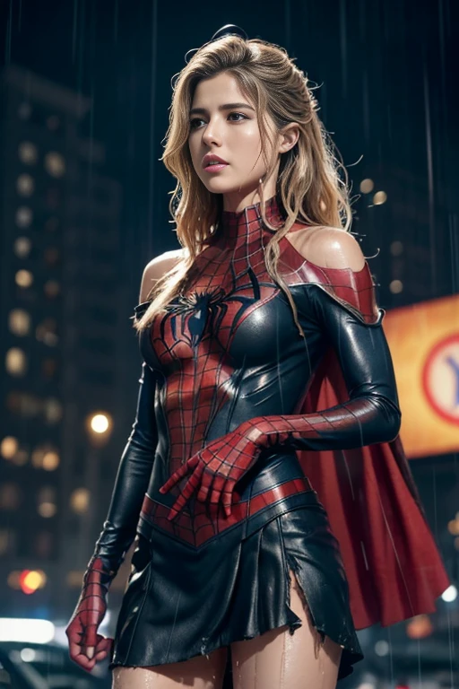 Emily Bett Rickards、マーベル・コミック映画のposter, very beautiful, movies about spiderman, sexy, whole body, I'm wearing a skirt、premiere date, poster、belly buttonを突き出す、new york、she&#39;s wearing a torn spiderman suit,the suit is torn、wearing a skirt、 red and black color scheme,dynamic、masterpiece、highest quality、super detailed、very detailed、Detailed beautiful shine、超A high resolution、cinematic,tear,teardrop,(torn clothes:1.5), (wet clothes:1.4), bare shoulders,real rain,wet hair,belly button、exposing skin、sexyな肩を見せてる