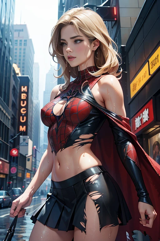 Emily Bett Rickards、マーベル・コミック映画のposter, very beautiful, movies about spiderman, sexy, whole body, I'm wearing a skirt、premiere date, poster、belly buttonを突き出す、new york、she's wearing a torn spiderman suit,the suit is torn、wearing a skirt、 red and black color scheme,dynamic、masterpiece、highest quality、super detailed、very detailed、Detailed beautiful shine、超A high resolution、cinematic,tear,teardrop,(torn clothes:1.5), (wet clothes:1.4), bare shoulders,real rain,wet hair,belly button、exposing skin、sexyな肩を見せてる