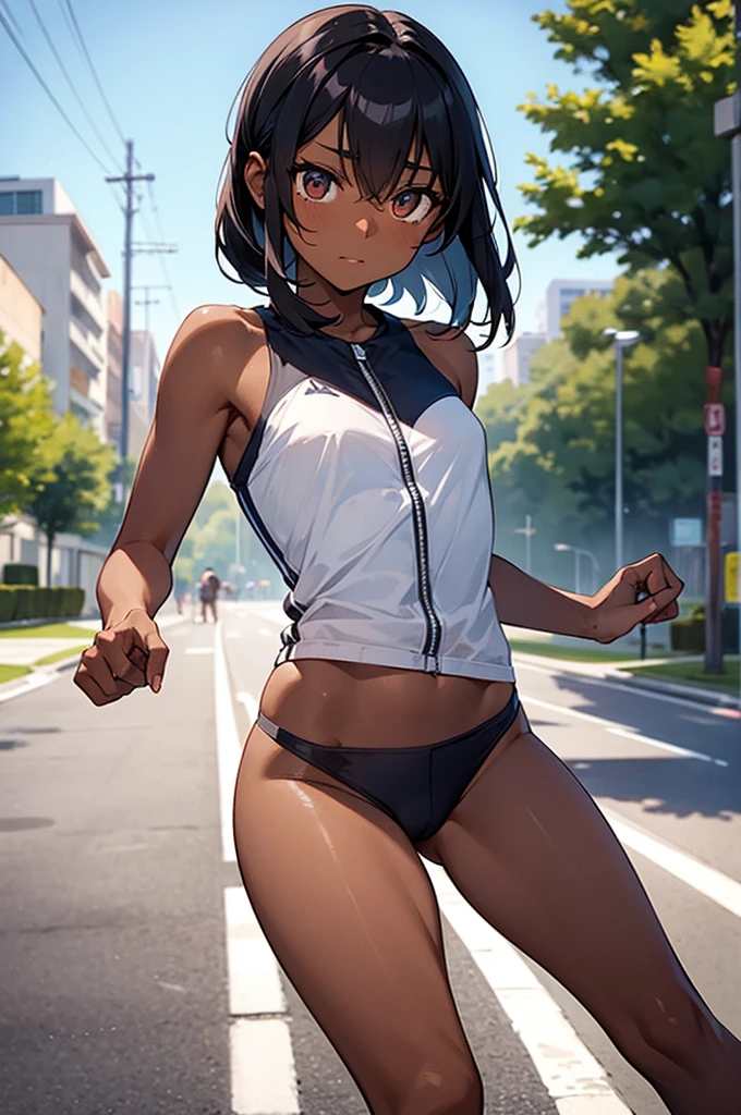 make a small dark-skinned woman naked spreading her legs dressed in running clothes