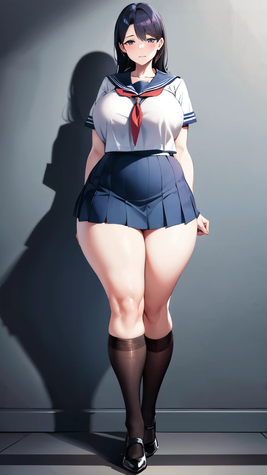 huge breasts, big hips,full body shot, mature mother, Whip whip lower body, plump thighs, plump calves, bewitching mature woman, Perfect body, plus size model,high school girl,sailor suit, skirt is short,Mature woman wearing sailor suit,