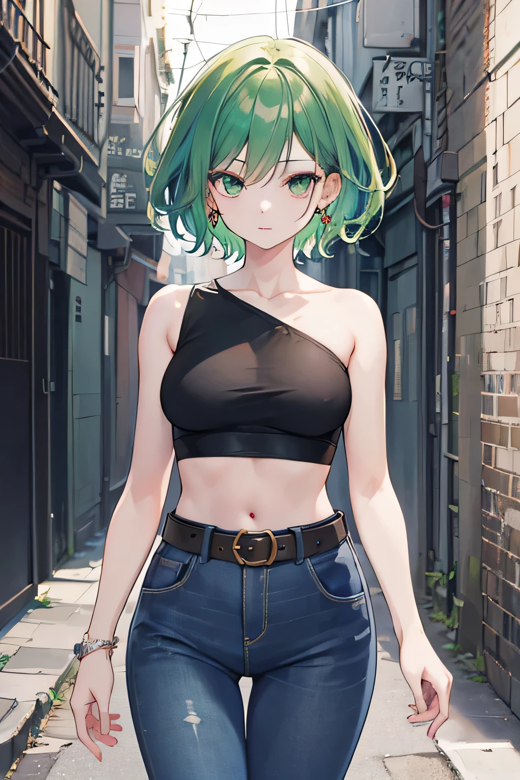 ((best quality)), ((masterpiece)), (detailed), perfect face, anime girl, 1girl, shoulder, collarbone, one shoulder crop top, sleeveless, jean longpants, belt, black coloured top, pixie cut, short hair, tomboy, breasts, green dyed hair, street background, narrow alley background.