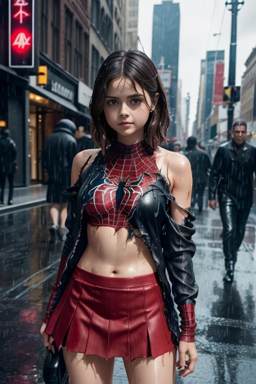 jenna louise coleman、マーベル・コミック映画のposter, very beautiful, movies about spiderman, sexy, whole body, I'm wearing a skirt、premiere date, poster、belly buttonを突き出す、new york、she&#39;s wearing a torn spiderman suit,the suit is torn、wearing a skirt、 red and black color scheme,dynamic、masterpiece、highest quality、super detailed、very detailed、Detailed beautiful shine、超A high resolution、cinematic,tear,teardrop,(torn clothes:1.5), (wet clothes:1.4), bare shoulders,real rain,wet hair,belly button、exposing skin、sexyな肩を見せてる