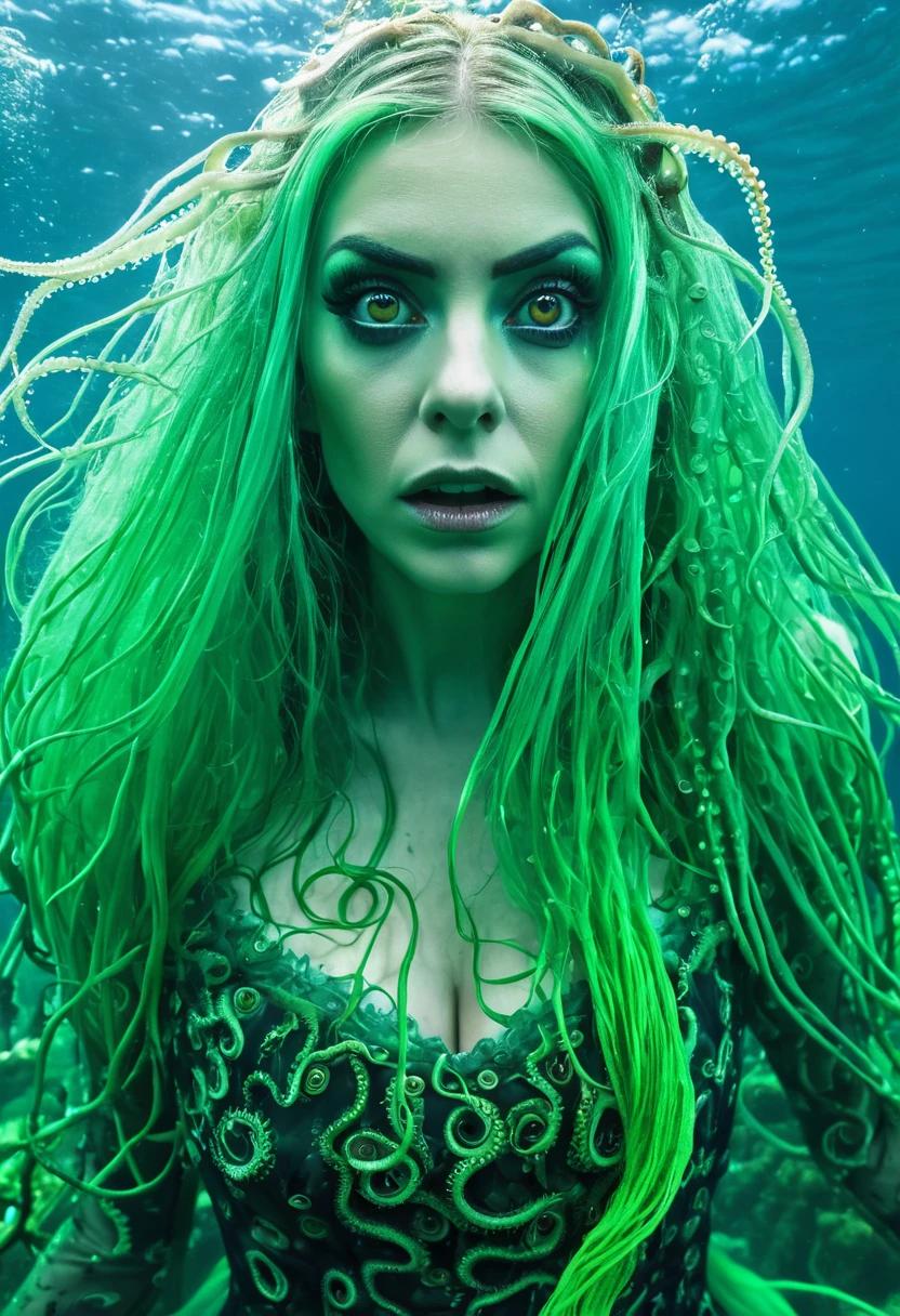 a picture of a sea witch, long green hair, evil, villain, she is coming to you, up close, dark ocean,( underwater:1.1), lightning, bright eyes, wearing a dress made of algae, tentacles, octopus, (up close:1.3)
