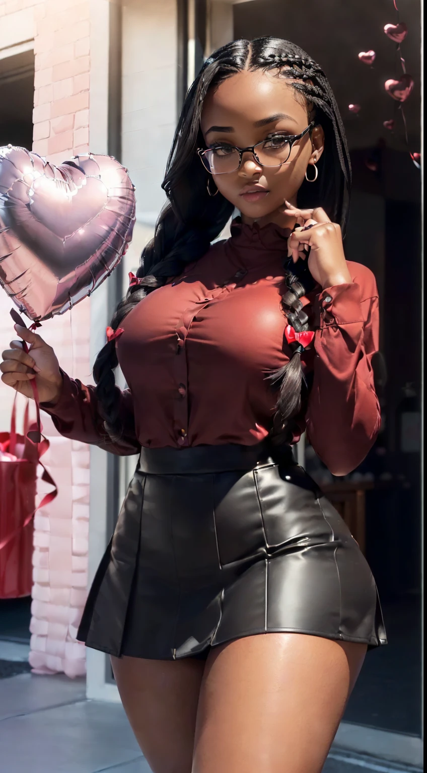 ((ultra high definition)), ((ultra high resolution)), ((ultra sharpness)), ((cinematic)), ((8K)), ((Unreal Engine 5)), ((Ultra Black girl)), ((extremely beautiful)), ((glasses), ((totally realistic)), ((total fidelity)), ((ultra curvy)), ((front view)), ((big ass and thick thighs)), ((tall)),((ultra detailed face)), ((beautiful forehead)), ((ultra detailed eyes)), ((brown eyes)), ((sexy thick lips)), ((ultra detailed irises)), ((ultra detailed hands)), ((ultra detailed fingers)), (((alone))), (((full body))), ((natural lighting)), ((tiny skin hair)), ((always the same face)), ((repeat always the same face)), ((always the same body)), ((always the same body proportions)), ((wearing a red long sleeve shirt and short black skirt)), ((heart shaped balloons)), ((valentine celebration)), ((in front of valentine gift shop)), ((alone in the photo)), ((repeat the same clothes)), ((always the same clothes)), ((looking at the camera)), ((long braided hair)), ((detailed hair)), ((black hair)),