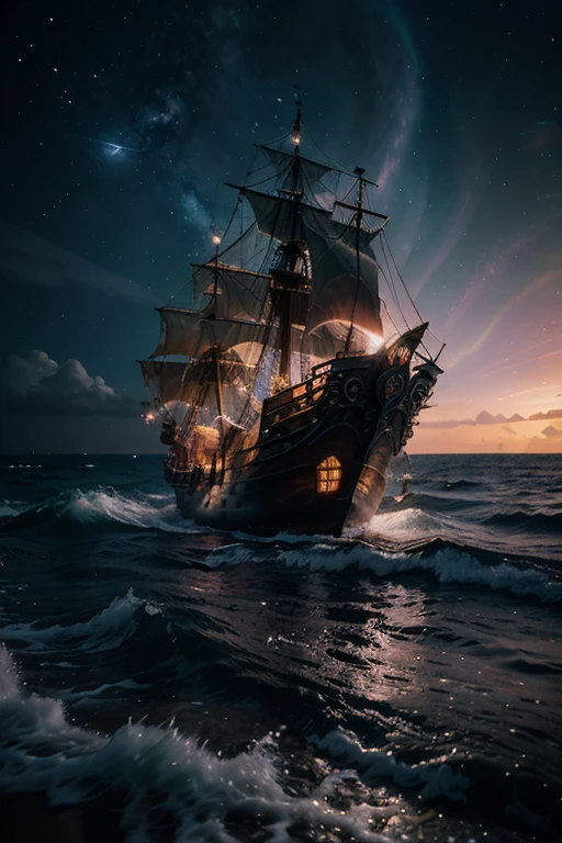 Pirate Ship Trapped in a Cosmic Whirlwind Nebula, rendered in cosmic beach swirl engine, volumetric lighting, espetacular, luzes ambientais, Light Pollution, cinematic atmosphere, estilo art nouveau, arte ilustrativa de SenseiJaye, detalhes intrincados.