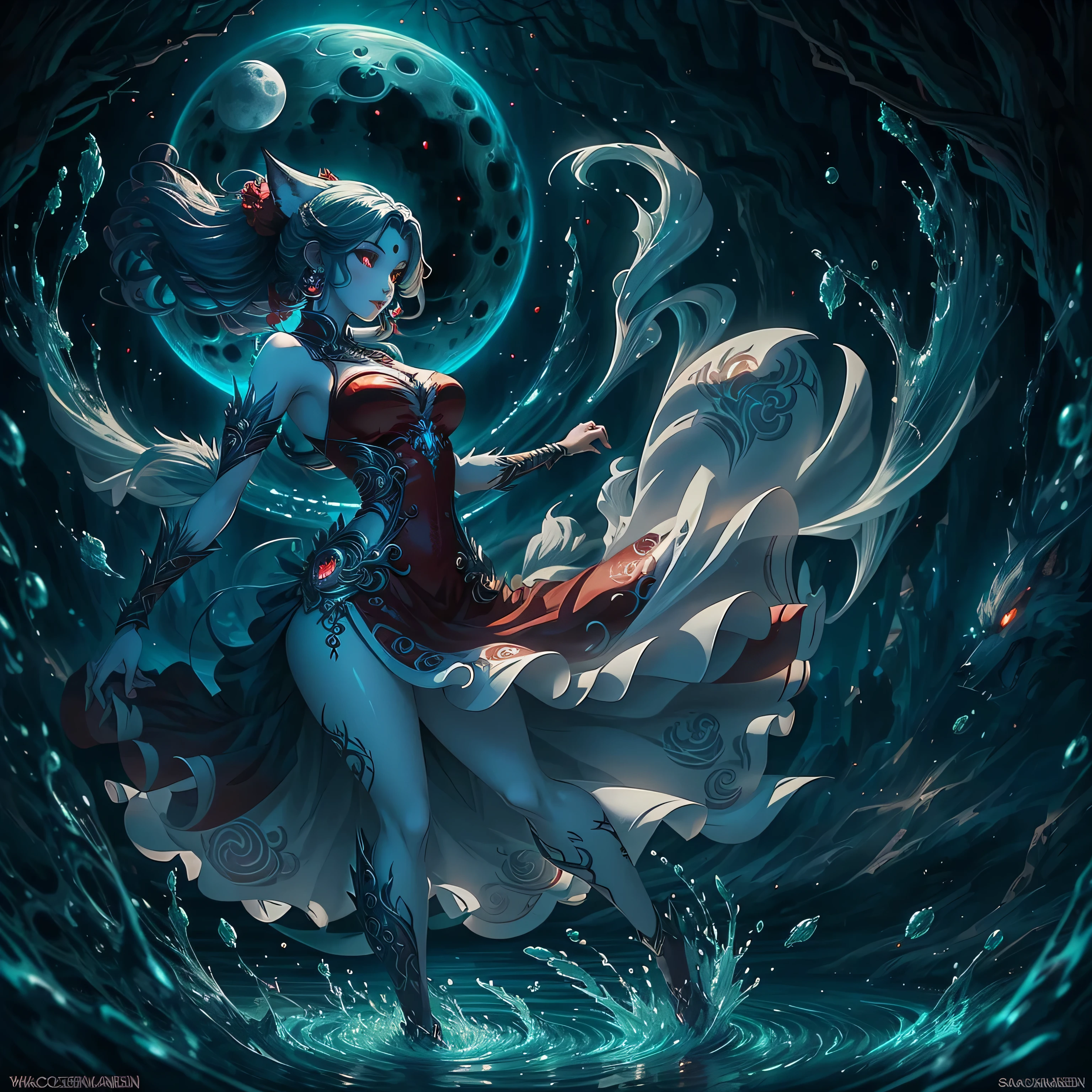 Anime Fantasy Style, A ((werewolf goddess)) with otherworldly, pale skin and enchanting, ((scarlet lips)), radiating a blissful aura, executing a celestial spell, in which the ((luminous water surrounding her)), dances mesmerically in mid-air, defying gravity and swirling in a hypnotic pattern, as if painted by the whimsical brushstrokes of legendary comic book artist, Todd McFarlane. This scene transports us to a surreal fantasy realm, where intricate details of the landscape push the boundaries of photo-realism at 2160p resolution and 360fps. The