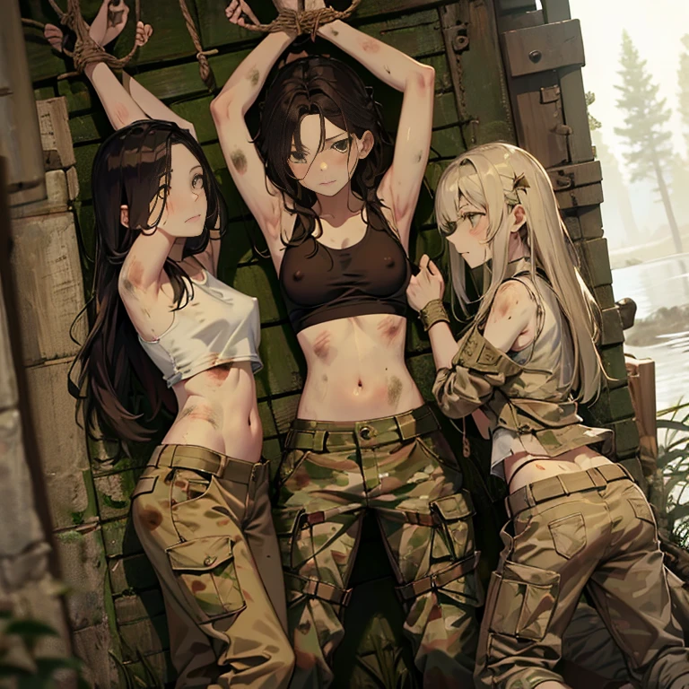 A group of  female soldiers, (in swamp), various hair styles, tank top, harem, beautiful leg, midriff, camouflage military trousers, showings off armpits, seducing, dirty, tied wrist with rope, nipples, shirt lift