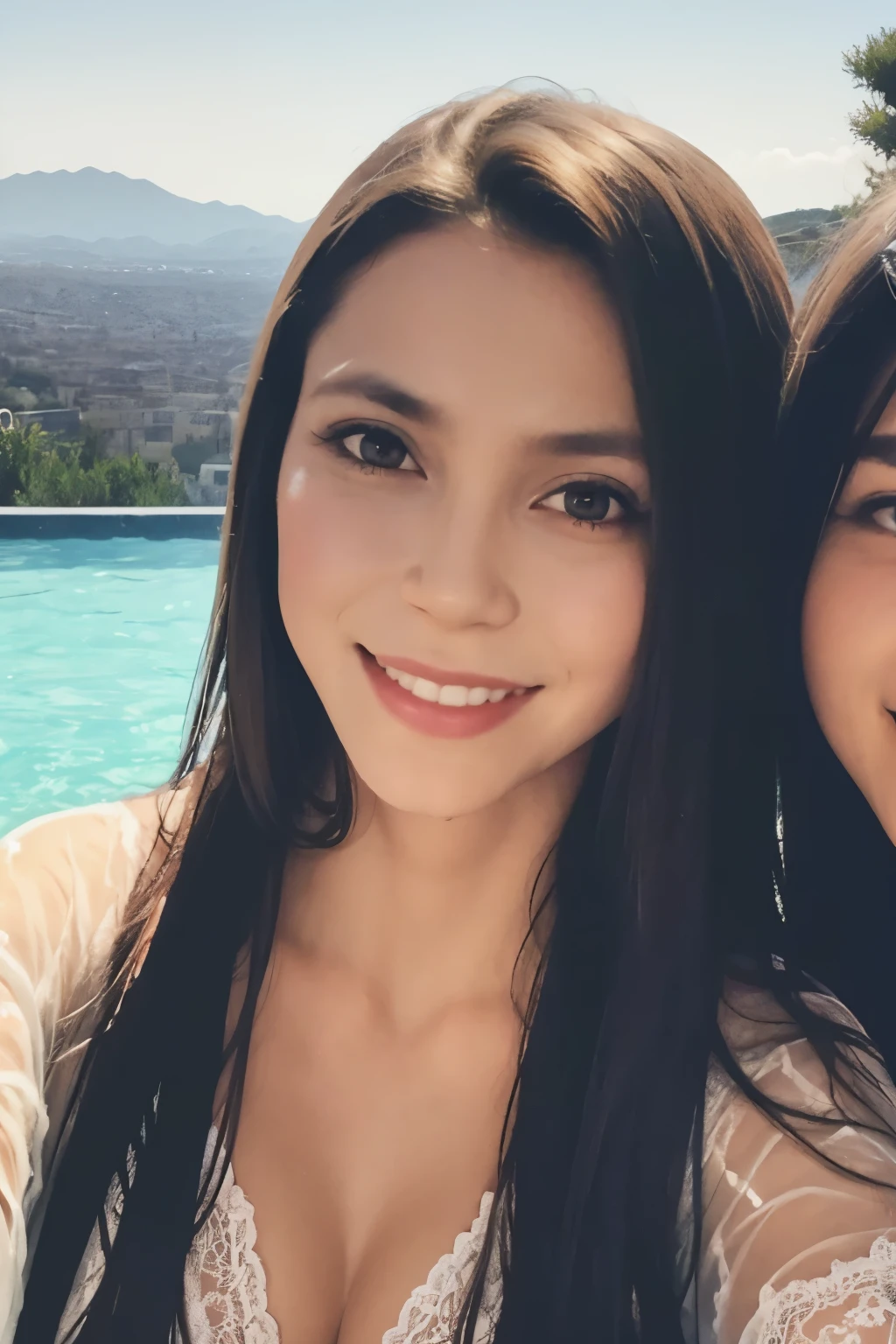 beautiful 18 year old italian, (high cheekbones), (Wide jaw line), linda nariz, (ojos azules:1.0), (cabello ondulado negro mojado), atletic body, (Retrato de cuerpo entero), (very small fantasy breasts:1.0), sombra de ojos oscura, fino delineador de ojos negro, (Very Wet High Detail Lace Tight Sheer Robe), warm smile, (piel mojada con alto detalle), (poros de la piel), (Manchas en la piel), piernas, ambiente exterior de la piscina, (luz del sol:1.4), (Luz de llanta), Varias poses, (fotorrealista:1.4), (La mejor calidad:1.0), (ultra-high def:1.0), 8k, Raw photography, (Obra maestra:0.2)
