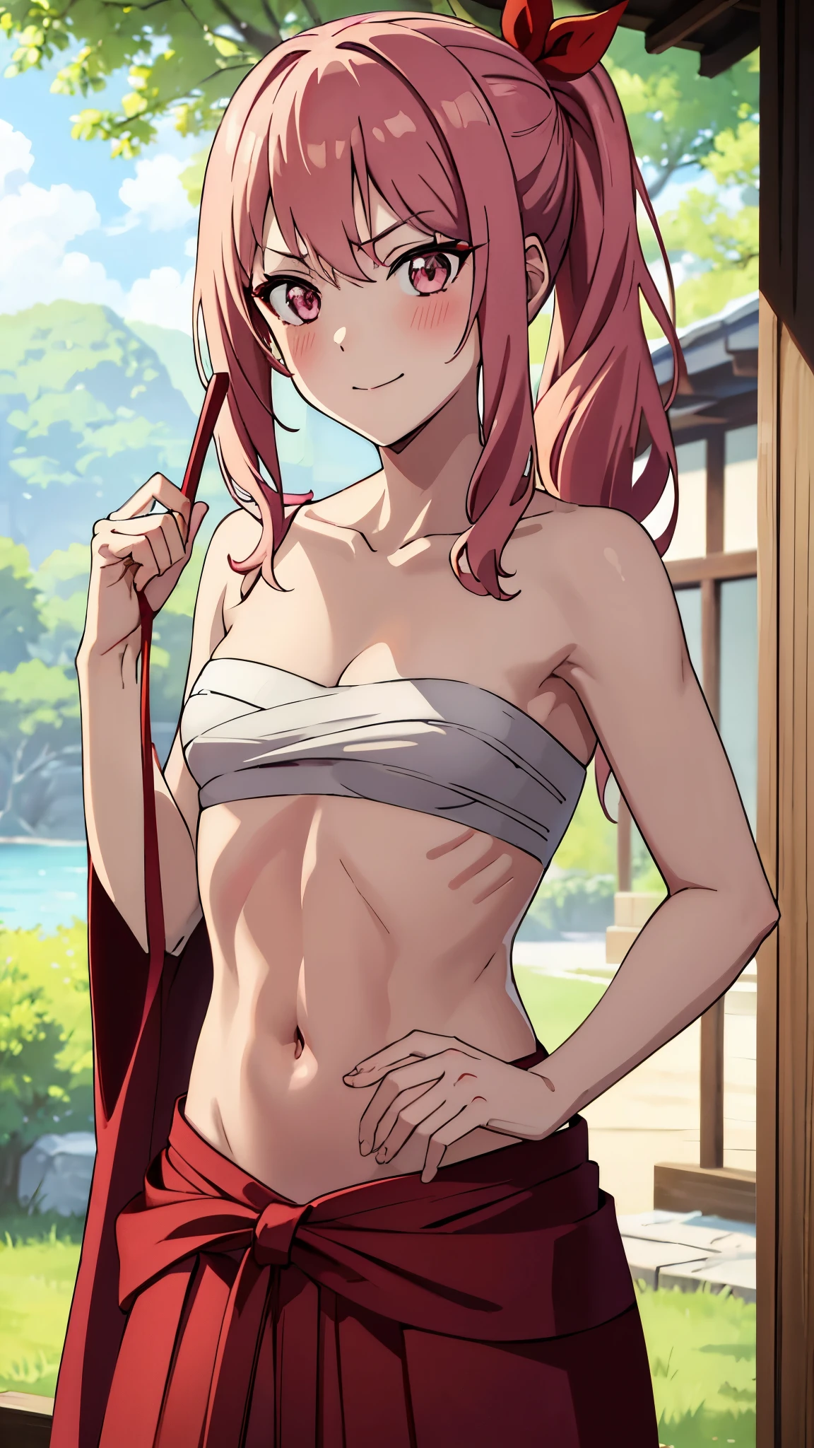 short girl, masterpiece, highres, solo, 8k, detailed, perfect face, best quality, (ultra high quality), (looking at viewers), (armpit), collarbone, bare arms, bare shoulders, small breasts, cleavage, pink hair, long hair, side ponytail hair, red ribbon, pink eyes, belly, stomach, navel, abs, sarashi chest, bandaged breast, (red hakama), slim body, upper body, smile, blush, closed mouth, at forest, hand up