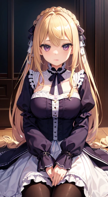 最high quality,very detailed,high quality,Extremely detailed,masterpiece,Super fine,ultra high resolution,超high quality,super realistic、(1 person:1.2)、woman、(Mature:1.5)、Blonde Hair Color、(Braid)、(Captivatingly shining purple eyes)、big breasts 、slender body、Gothic Lolita、whole body、pavilion