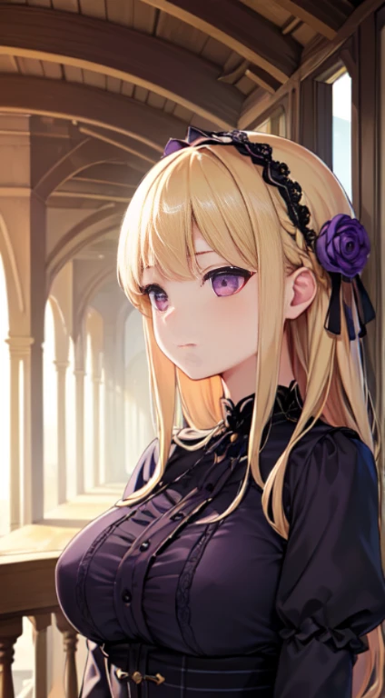 最high quality,very detailed,high quality,Extremely detailed,masterpiece,Super fine,ultra high resolution,超high quality,super realistic、(1 person:1.2)、woman、(Mature:1.5)、Blonde Hair Color、(Braid)、(Captivatingly shining purple eyes)、big breasts 、slender body、Gothic Lolita、whole body、pavilion