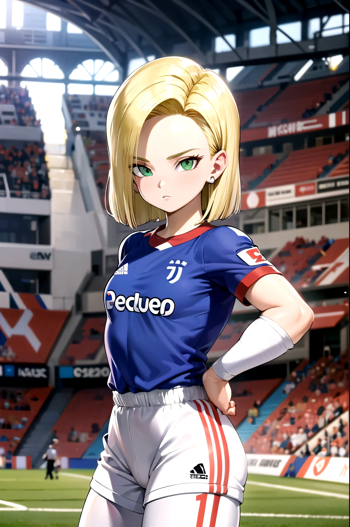 android 18, 1 garota, android 18, Sozinho, cabelo loiro, olhos azuis, cabelo curto, em um estadio de futebol usando uma camisa esportiva listrada preta e branca da juventus