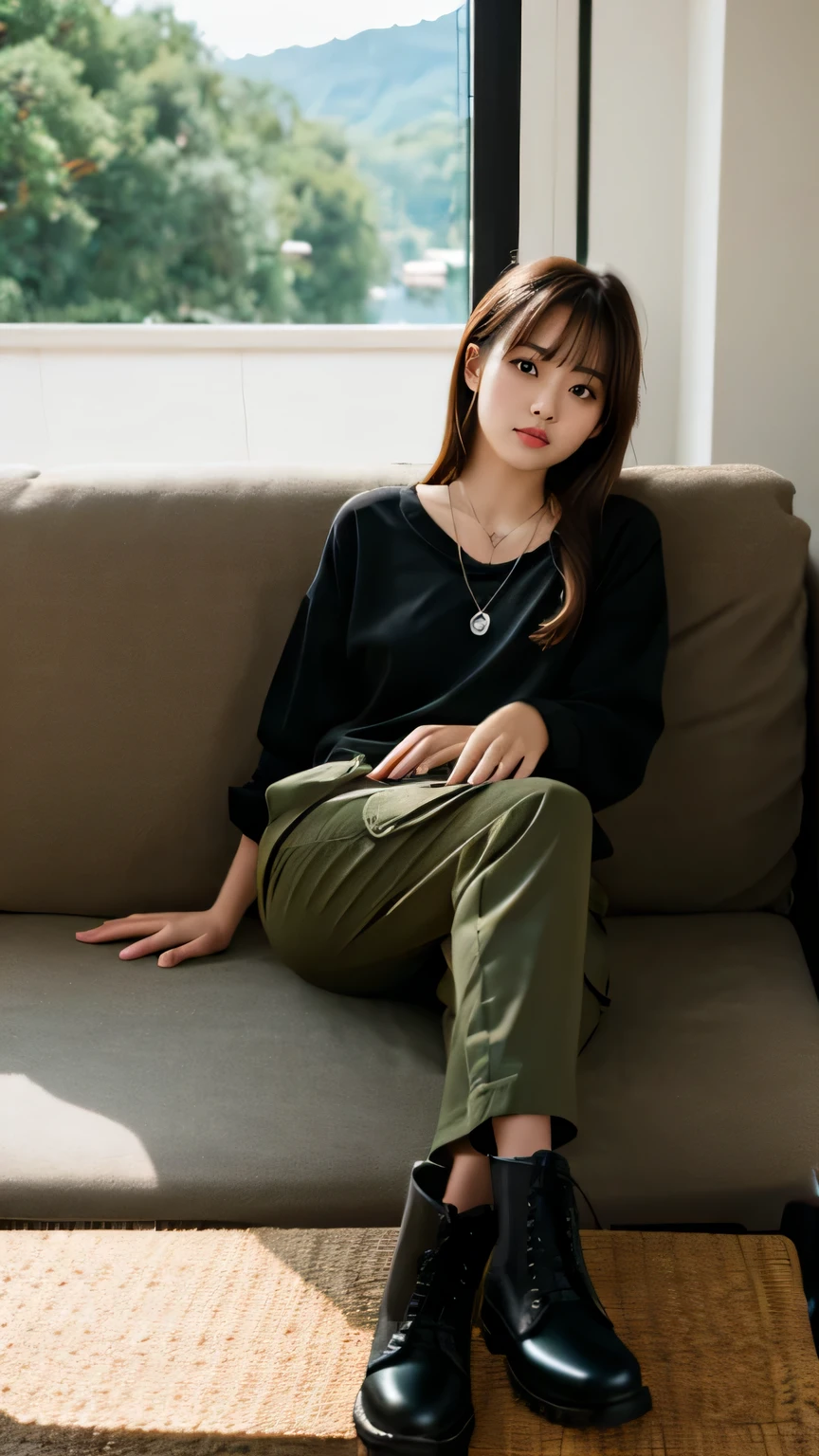 (8K,HDR,High resolution),1 Japanese beautiful girl,sitting sofa,brown hair,she wearing Black cotton shirt, olive green cargo pants, black military boots, silver dog tag necklace,
