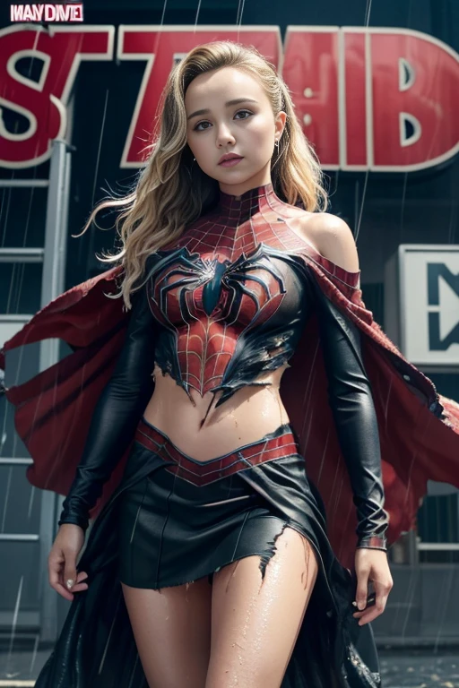 Hayden Panettiere、マーベル・コミック映画のposter, very beautiful, movies about spiderman, sexy, whole body, I'm wearing a skirt、premiere date, poster、belly buttonを突き出す、new york、she's wearing a torn spiderman suit,the suit is torn、wearing a skirt、 red and black color scheme,dynamic、masterpiece、highest quality、super detailed、very detailed、Detailed beautiful shine、超A high resolution、cinematic,tear,teardrop,(torn clothes:1.5), (wet clothes:1.4), bare shoulders,real rain,wet hair,belly button、exposing skin、sexyな肩を見せてる