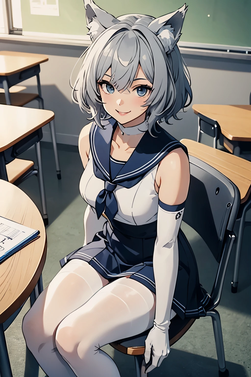 table top　 best image quality　wonderful　high detail　One Young Woman（（adult））anime style　full body　white sailor suit（sleeveless）　navy blue mini skirt　white long gloves（elbow gloves）　white pantyhose（Plain color）　wolf ears　short hair（（shortcut）（gray hair）（curly hair）（fluffy））　smile（Happy）　eye color is blue　sit on a chair　background（classroom）