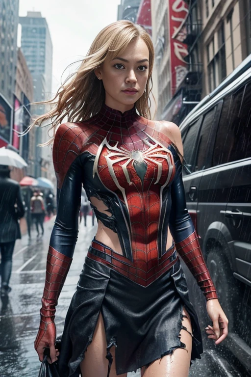 Yvonne Strahovski、マーベル・コミック映画のposter, very beautiful, movies about spiderman, sexy, whole body, I'm wearing a skirt、premiere date, poster、belly buttonを突き出す、new york、she's wearing a torn spiderman suit,the suit is torn、wearing a skirt、 red and black color scheme,dynamic、masterpiece、highest quality、super detailed、very detailed、Detailed beautiful shine、超A high resolution、cinematic,tear,teardrop,(torn clothes:1.5), (wet clothes:1.4), bare shoulders,real rain,wet hair,belly button、exposing skin、sexyな肩を見せてる