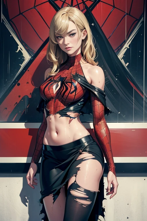 Yvonne Strahovski、マーベル・コミック映画のposter, very beautiful, movies about spiderman, sexy, whole body, I'm wearing a skirt、premiere date, poster、belly buttonを突き出す、new york、she's wearing a torn spiderman suit,the suit is torn、wearing a skirt、 red and black color scheme,dynamic、masterpiece、highest quality、super detailed、very detailed、Detailed beautiful shine、超A high resolution、cinematic,tear,teardrop,(torn clothes:1.5), (wet clothes:1.4), bare shoulders,real rain,wet hair,belly button、exposing skin、sexyな肩を見せてる