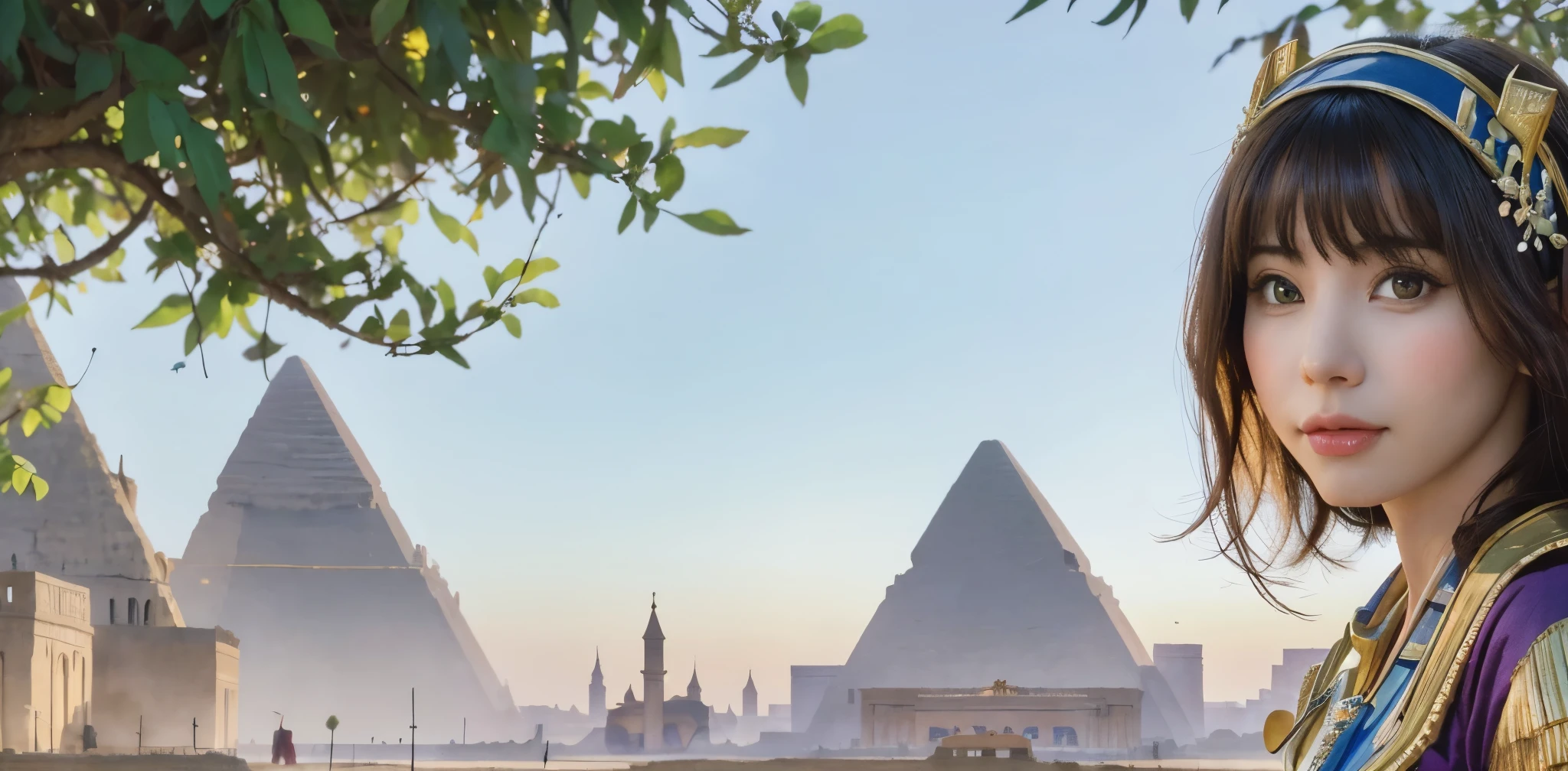 Beautiful scenery like ancient Egypt、Evening sunset、A beautiful woman looking at the river and grass on the banks of the Nile in ancient Egypt、Healing, fantastical and realistic expressions、Artistic expression like Chagall、random composition、fantasy illustration、fairy tale、((highest quality)), ((high resolution 16k)), ((The background is realistic and beautiful.)), --automatic