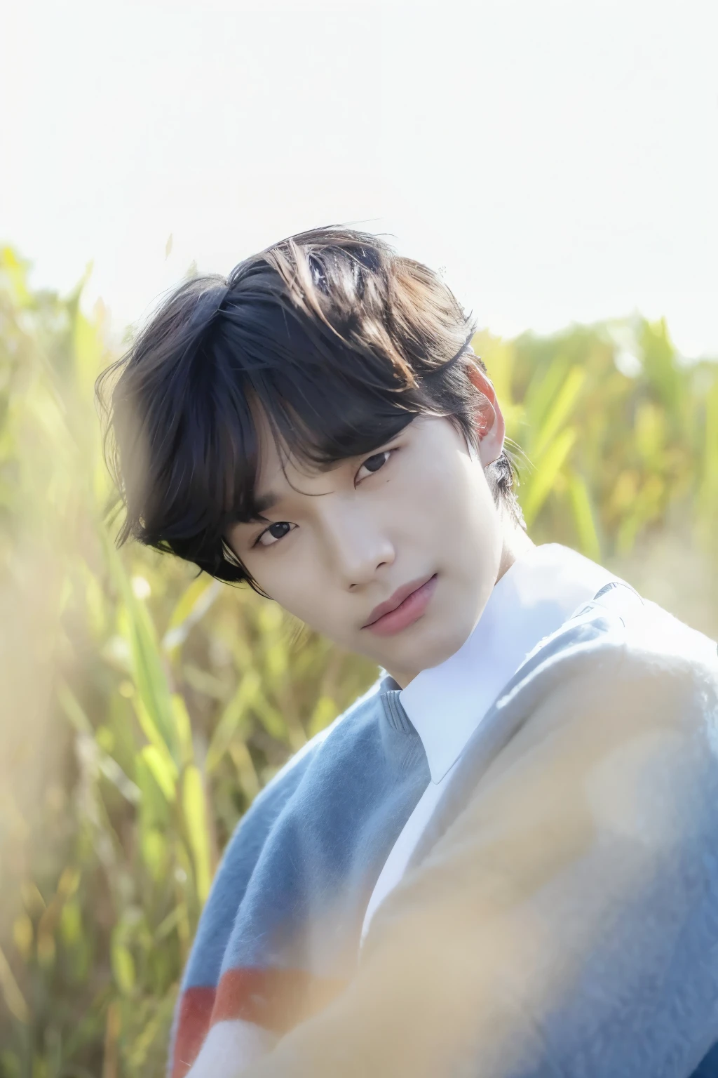 Arafed image of a man in a sweater sitting in a field., Won Bin Lee, jinyoung shin, kim doyoung, hyung tae, yanjun chengt, pintar ulzzang, inspirado en jeonseok lee, Jung Jaehyun, Cai Xu Kun, Hong June Hyung, foto de perfil en la cabeza, kim taejin, quien es siwoo, hyung tae kim