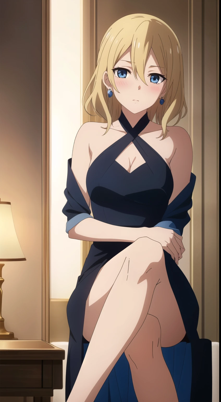 hayasaka,blonde hair, blue eyes, , 1 girl,alone, hair between eyes,dress,earrings,blush,exquisite visuals,sitting,
beautiful Finger,beautiful long legs,beautiful body,beautiful character design, perfect eyes, Perfect face,expressive eyes, looking at the viewer, Appear on knees,sexy pose,in the center of the image, official art,High Definition CG Unity, Perfect lit, bright_front_face_lit, (table top:1.0),(Highest_quality:1.0),4k,Super detailed, photograph, 8K, nffsw, High resolution, absurd:1.2, kodak portrait 400, film grain, Lens flare, (lively_color:1.2) (beautiful,medium breasts:1.4), (beautiful_face:1.3),(narrow_waist),
