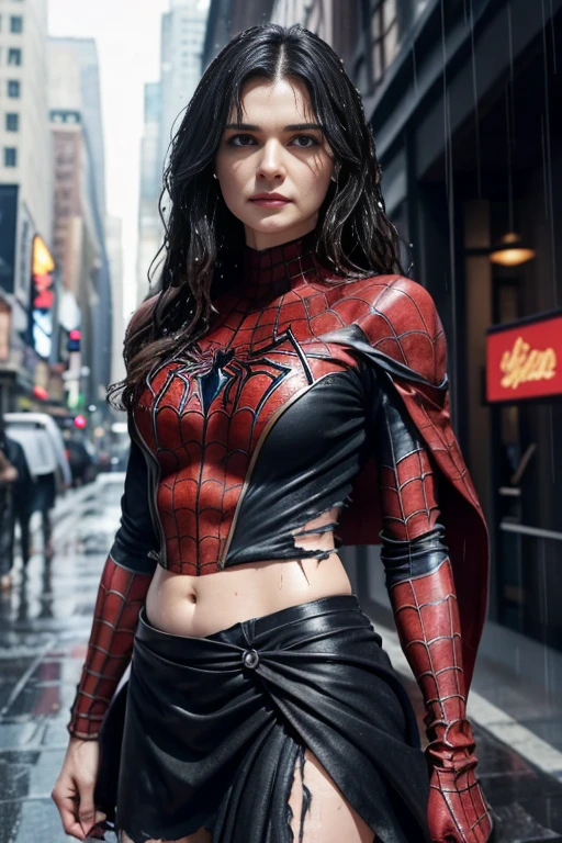 Rachel Weisz、マーベル・コミック映画のposter, very beautiful, movies about spiderman, sexy, whole body, I'm wearing a skirt、premiere date, poster、belly buttonを突き出す、new york、she's wearing a torn spiderman suit,the suit is torn、wearing a skirt、 red and black color scheme,dynamic、masterpiece、highest quality、super detailed、very detailed、Detailed beautiful shine、超A high resolution、cinematic,tear,teardrop,(torn clothes:1.5), (wet clothes:1.4), bare shoulders,real rain,wet hair,belly button、exposing skin、sexyな肩を見せてる
