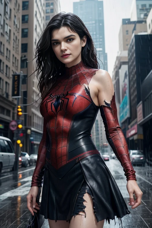 Rachel Weisz、マーベル・コミック映画のposter, very beautiful, movies about spiderman, sexy, whole body, I'm wearing a skirt、premiere date, poster、belly buttonを突き出す、new york、she&#39;s wearing a torn spiderman suit,the suit is torn、wearing a skirt、 red and black color scheme,dynamic、masterpiece、highest quality、super detailed、very detailed、Detailed beautiful shine、超A high resolution、cinematic,tear,teardrop,(torn clothes:1.5), (wet clothes:1.4), bare shoulders,real rain,wet hair,belly button、exposing skin、sexyな肩を見せてる