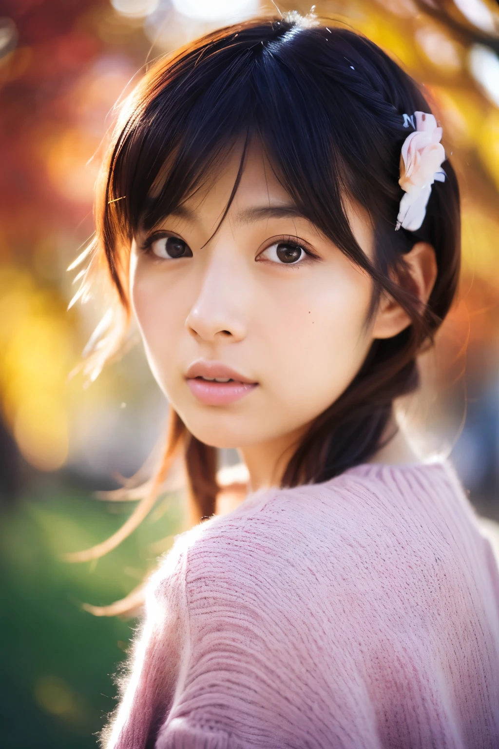 mid-shot, Japanese beautiful woman looking into camera, detailed face, detailed eyes, shoulder, hair ribbons, by agnes cecile, half body portrait, extremely luminous bright design, pastel colors, autumn lights